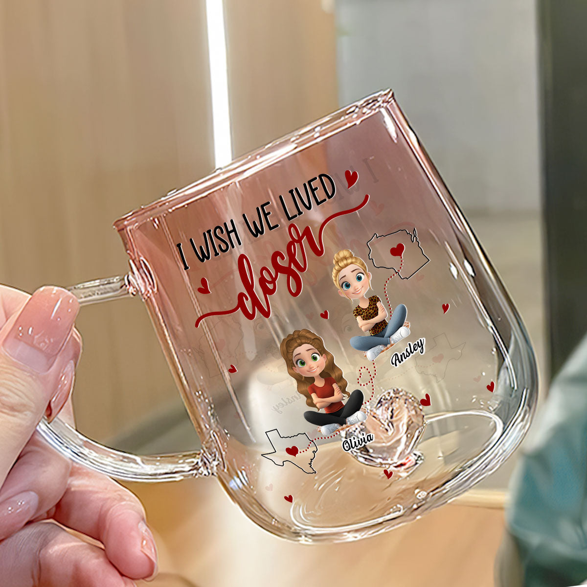 Custom Best Friend, Christmas & Birthday Friendship Keepsake Gift • I Wish We Lived Closer - Personalized Pink Gradient Glass Mug