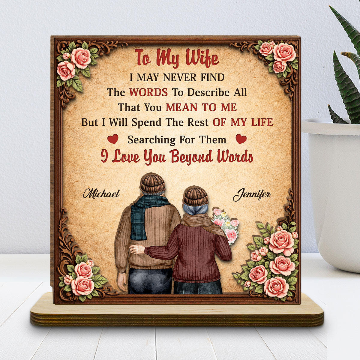 Custom Decor for Wife, Gift for Her • I Love You Beyond Words - Personalized 2-Layer Wood Plaque With Flat Base