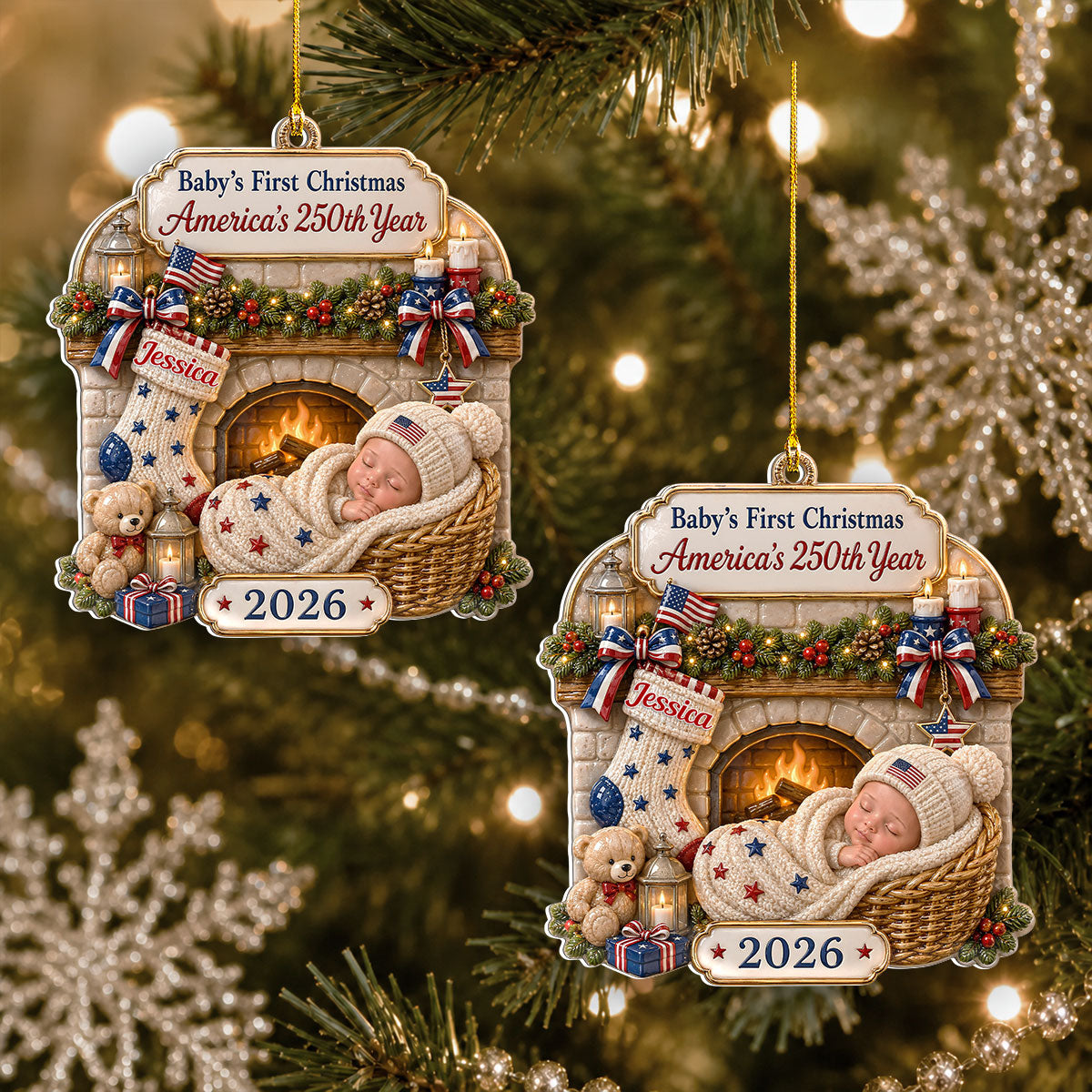 Custom Patriotic Christmas Ornament for Family, 250th Anniversary • A Special Christmas To Remember - Personalized 3D White Acrylic Ornament