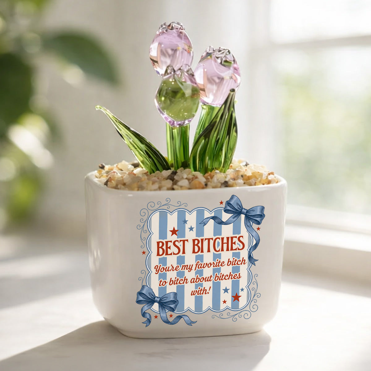 Custom Flower Keepsake, Glass Home Decor Gift for Best Friend • Drama Queens - Personalized Glass Everlasting Tulips