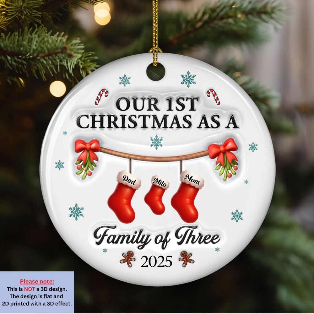 Custom Family Ornament, Christmas Gift for Family Members •  Christmas With Mom Dad And Baby - Personalized 3D Effect Ceramic Ornament