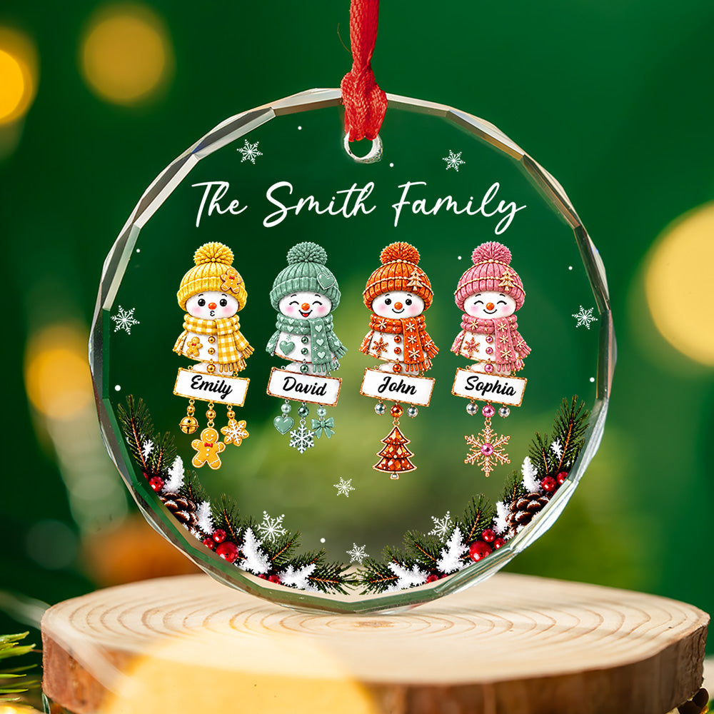Custom Family Ornament, Christmas Gift for Family Members •  Snowman Family - Personalized Glass Ornament