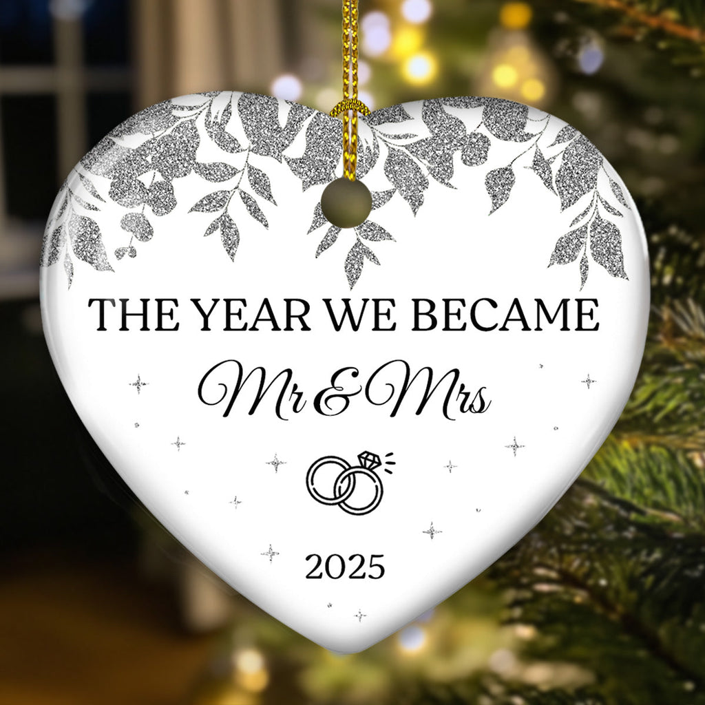 Custom First Christmas Ornament Married, Gift for Newlyweds •  Save The Date Memory - Personalized Ceramic Ornament