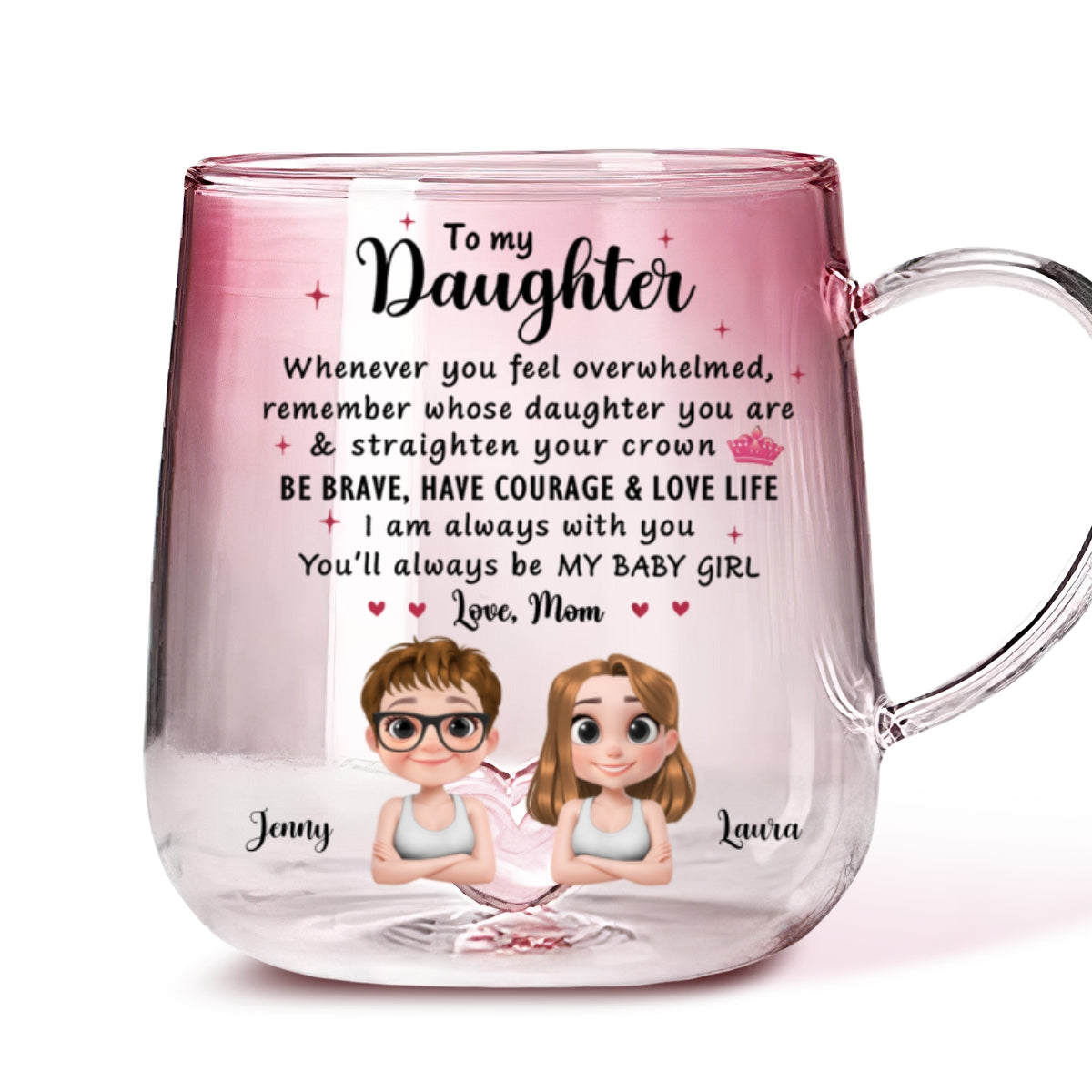 Custom Christmas & Birthday Gift for Daughter • Mom To Daughter Straighten Your Crown - Personalized Pink Gradient Glass Mug