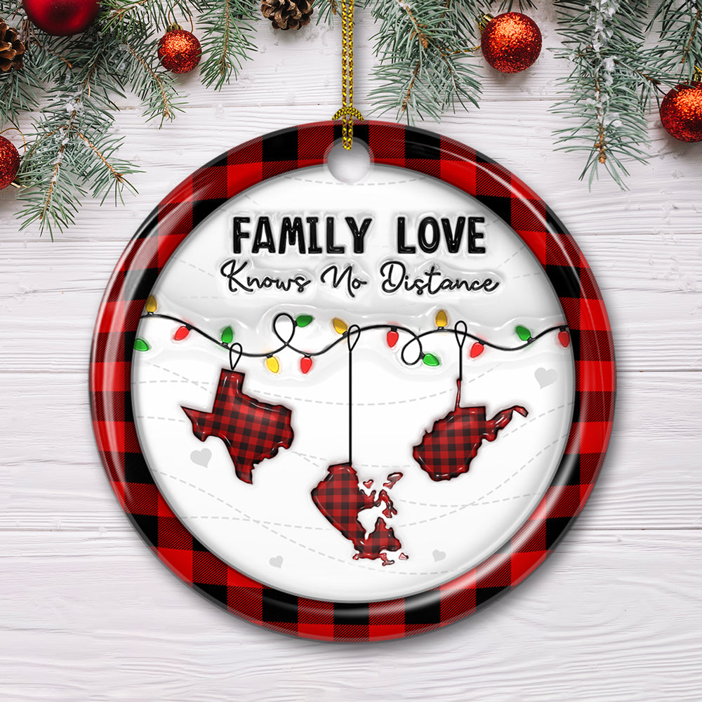 Custom Family Christmas Ornament for Long Distance Families •  Family Love Know No Distance Red - Personalized 3D Effect Ceramic Ornament