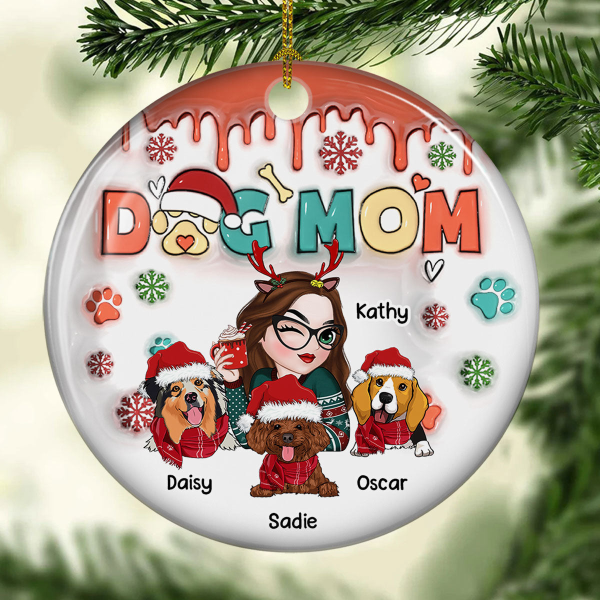 Custom Keepsake Christmas Ornament •  Dog Mom Christmas Paw - Personalized 3D Inflated Effect Ceramic Ornament