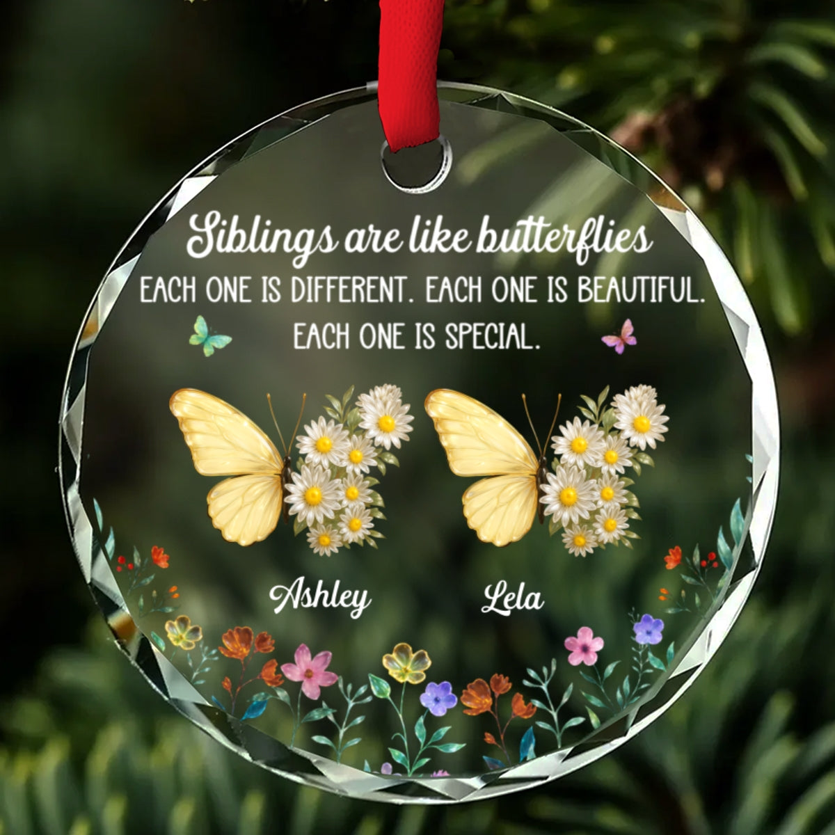 Custom Brothers & Sisters Christmas Ornament •  Sparkling Wings For Siblings - Personalized Glass Ornament