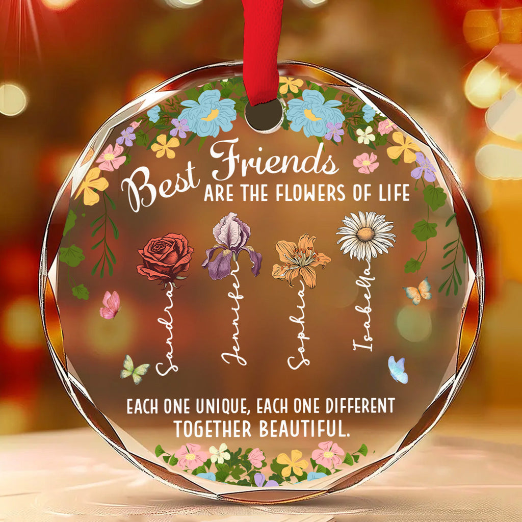 Custom Friendship Christmas Ornament, Best Friend Gift •  Friendship Blossoms In Every Heart - Personalized Glass Ornament