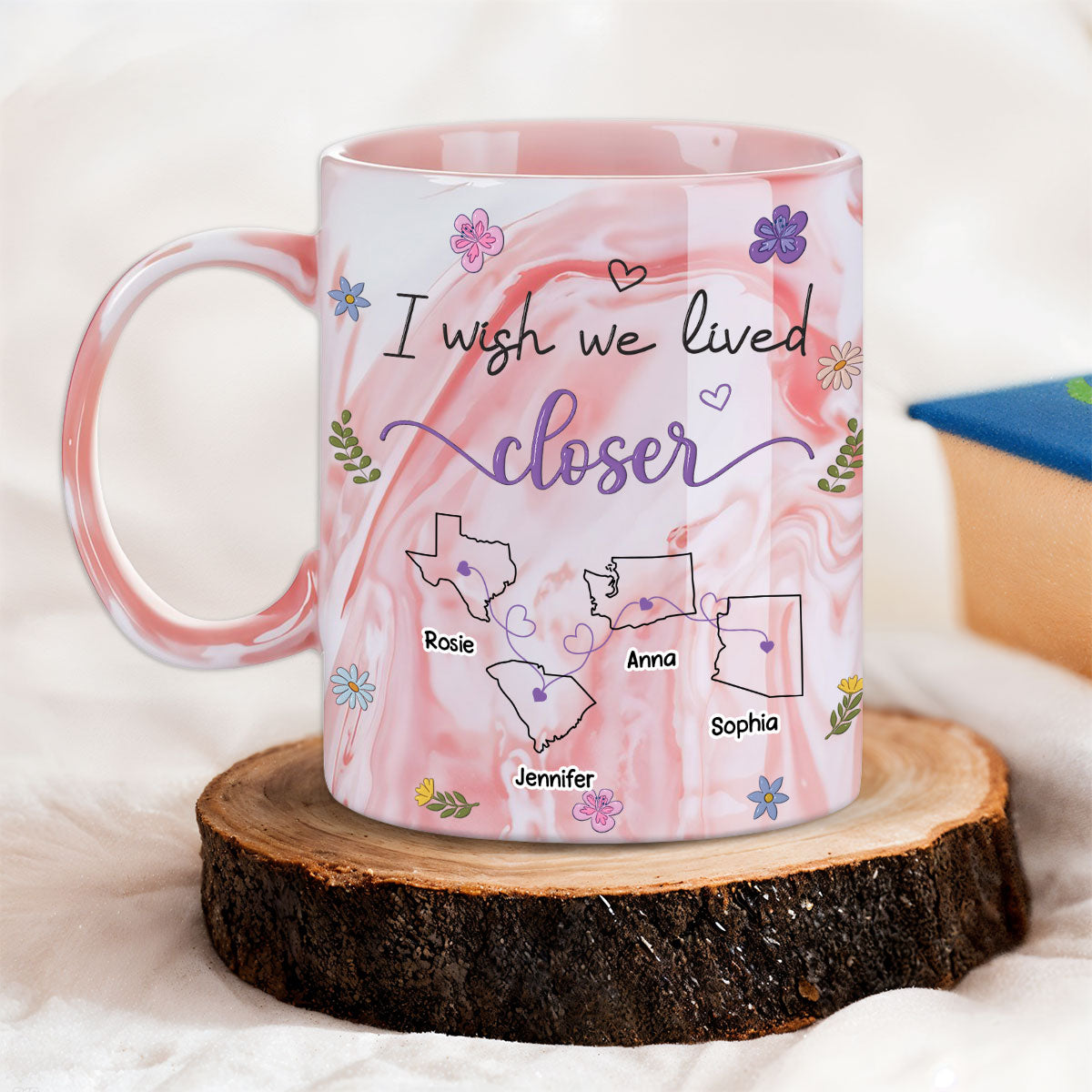Custom Best Friend, Christmas & Birthday Friendship Keepsake Gift • I Wish We Lived Closer - Personalized Pink Marble Mug