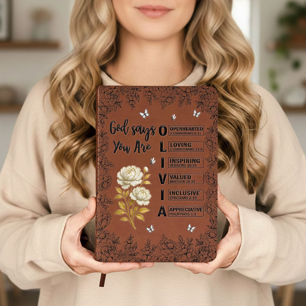 God Says You Are Bible Verse Custom Birth Flower & Name - Personalized Leather Journal