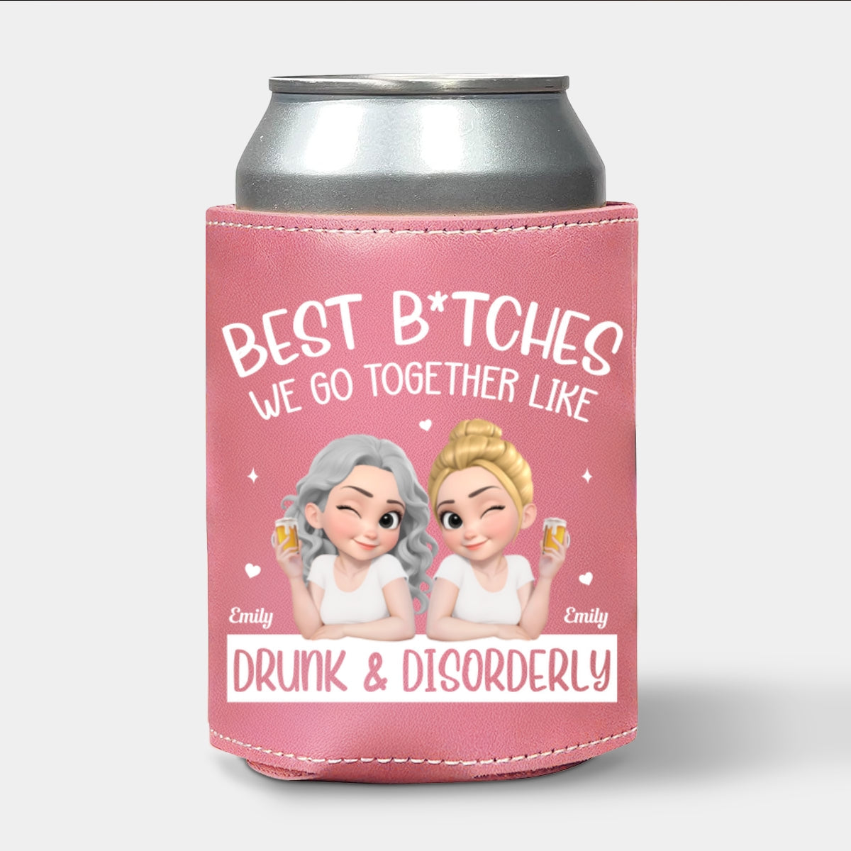 Partners In Wine - Personalized Pink Leather Can Cooler Holder