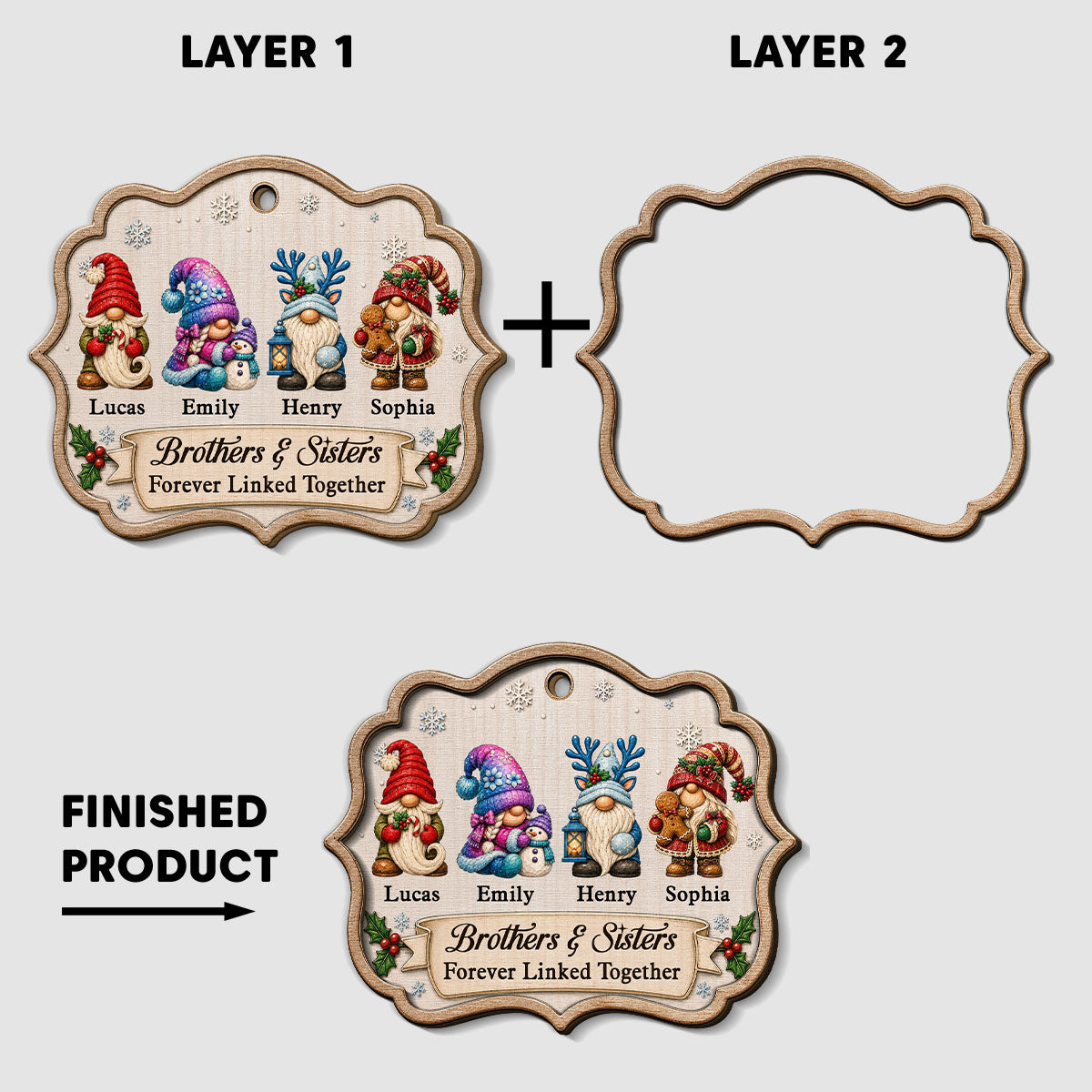 Custom Sister Christmas Ornament •  Merry Little Gnome - Personalized 2-Layered Wood Ornament