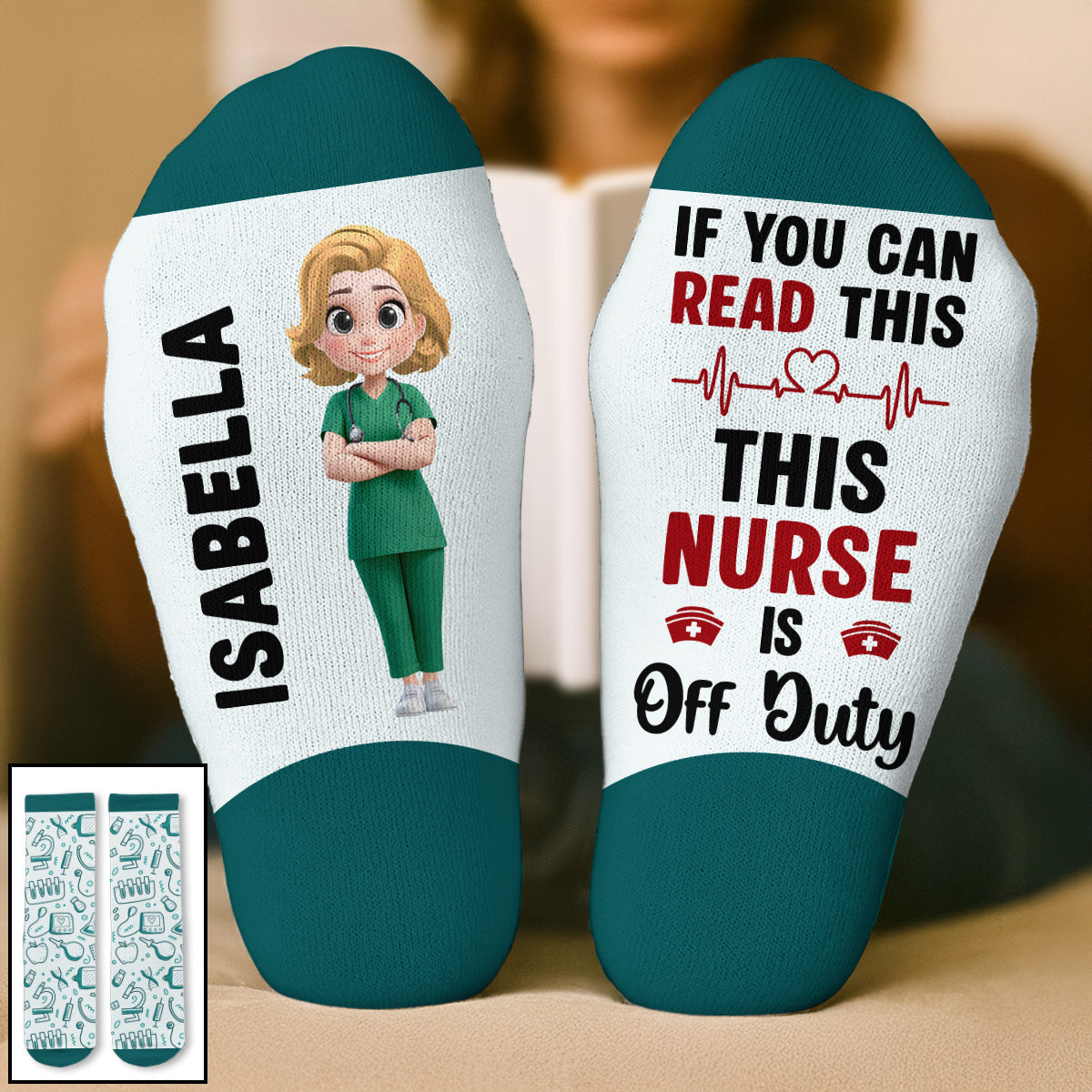 Custom Nurse Christmas Footwear Gift, Healthcare Worker Appreciation Gift • This Nurse Is Off Duty - Personalized Crew Socks
