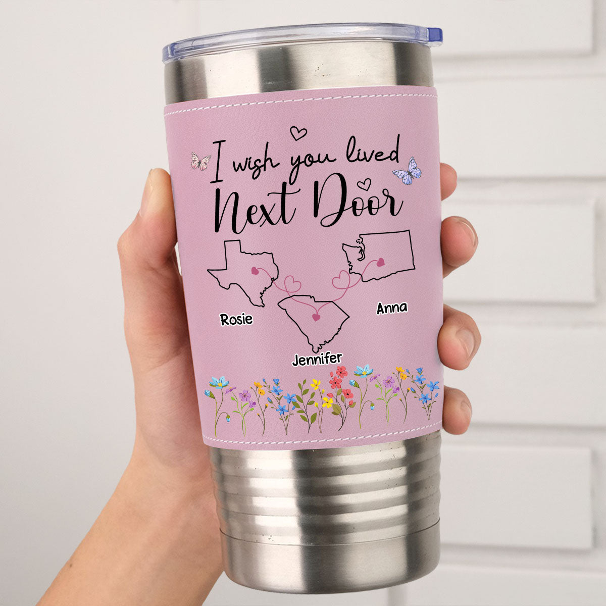 Custom Christmas Birthday Gifts For Best Friend • I Wish We Lived Closer - Personalized Pink Leather Tumbler