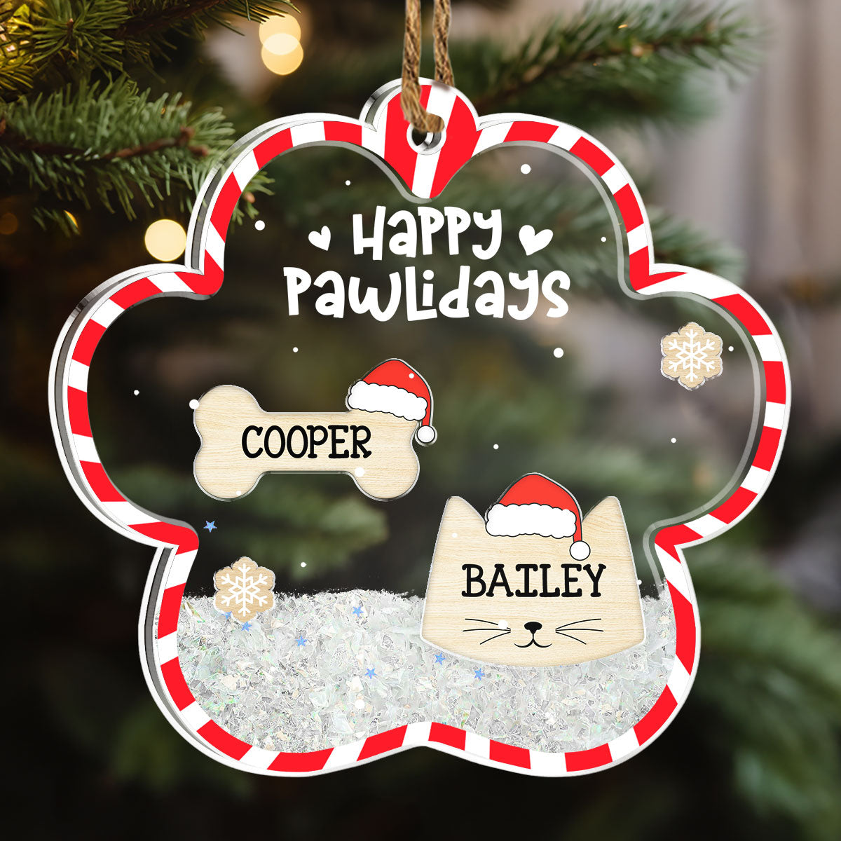 Custom Family Ornament, Christmas Gift for Family Members •  Happy Pawlidays - Personalized Acrylic Shaker Ornament