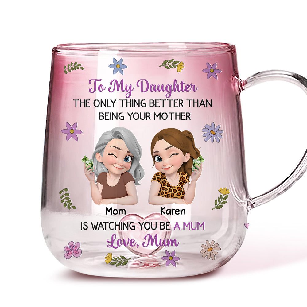 Custom Mother's Day Gift for Daughter • Linked Together Cartoon - Personalized Pink Gradient Glass Mug