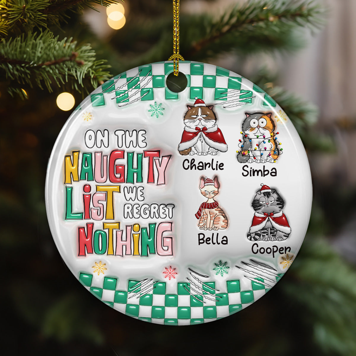 Custom Keepsake Christmas Ornament •  On The Naughty List We Regret Nothing - Personalized 3D Inflated Effect Ceramic Ornament
