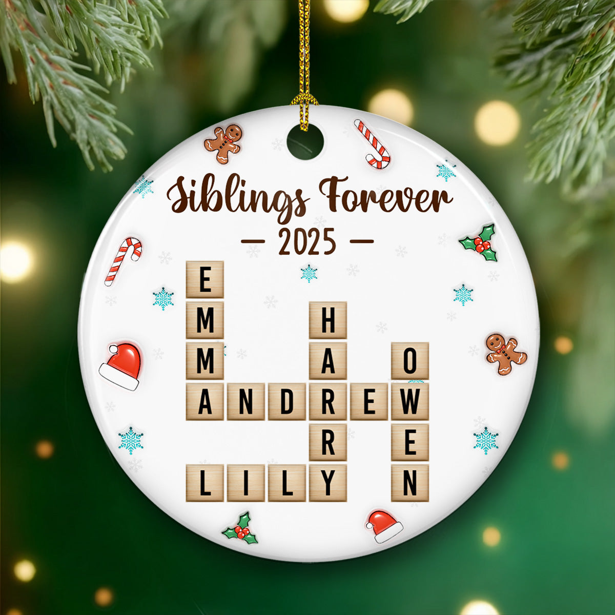 Custom Brothers & Sisters Christmas Ornament •  Siblings Forever Christmas Crossword - Personalized 3D Effect Ceramic Ornament