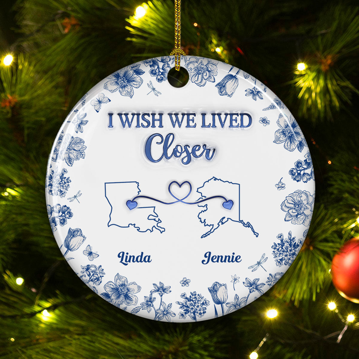 Custom Friendship Christmas Ornament, Best Friend Gift •  I Wish Blue Toile Style - Personalized 3D Inflated Effect Ceramic Ornament