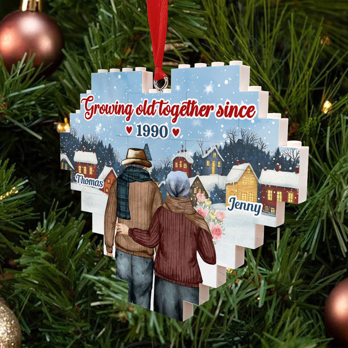 Custom Couple Christmas Ornament, Anniversary Gift •  Growing Old Together - Personalized Heart Puzzle Ornament