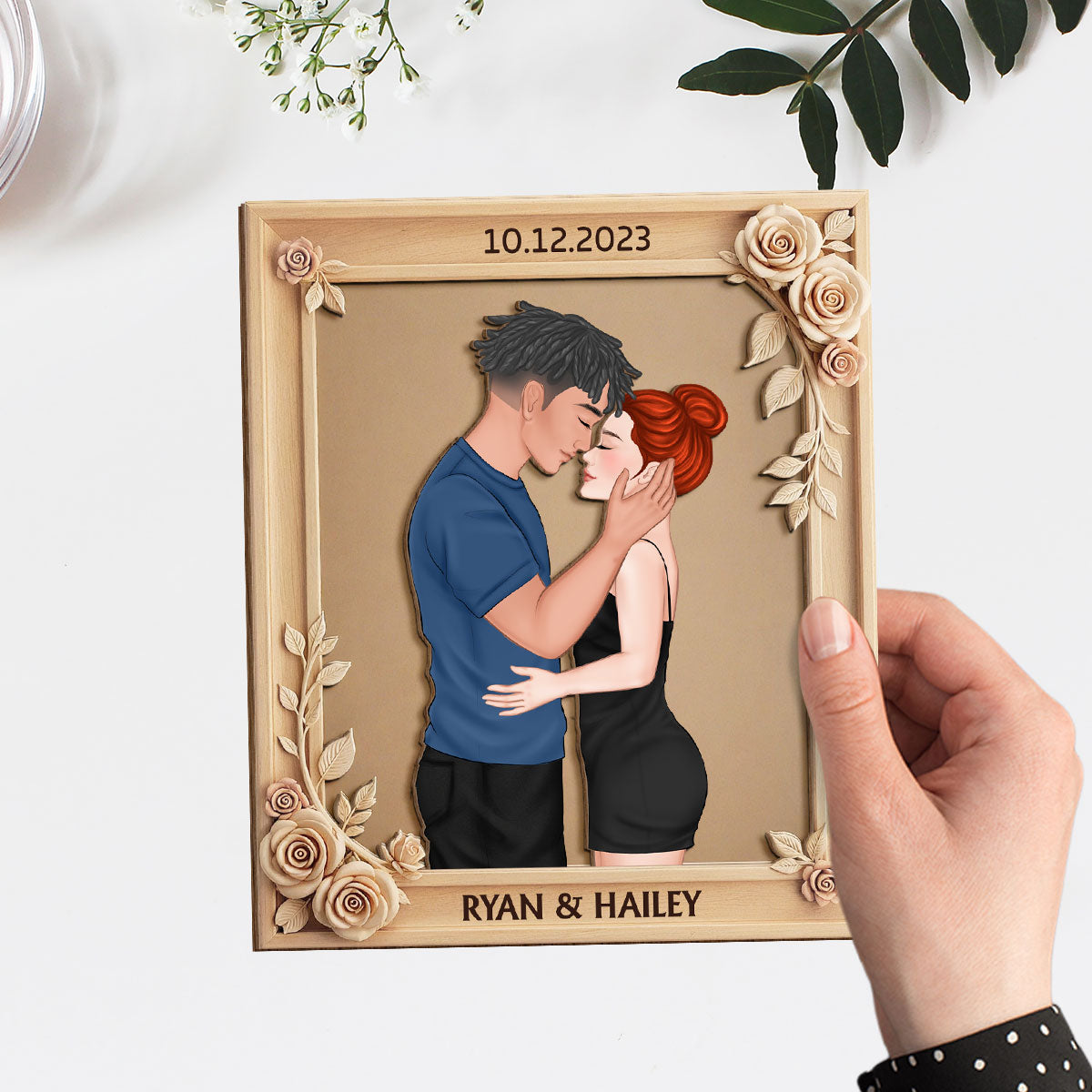 Custom Couple's Decor, Anniversary & Wedding Gift • Romantic Floral With Couple - Personalized Wooden Plaque