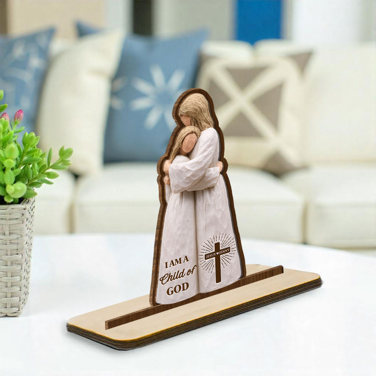 Custom Family Decor, Christmas Birthday Family Keepsake • Child Of God Embrace - Personalized 2-Layer Wood Plaque With Flat Base