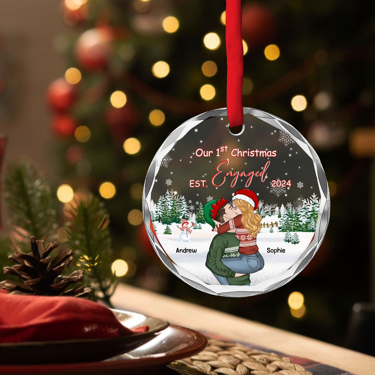 Custom First Christmas Ornament Married, Gift for Newlyweds •  First Christmas With You - Personalized Glass Ornament