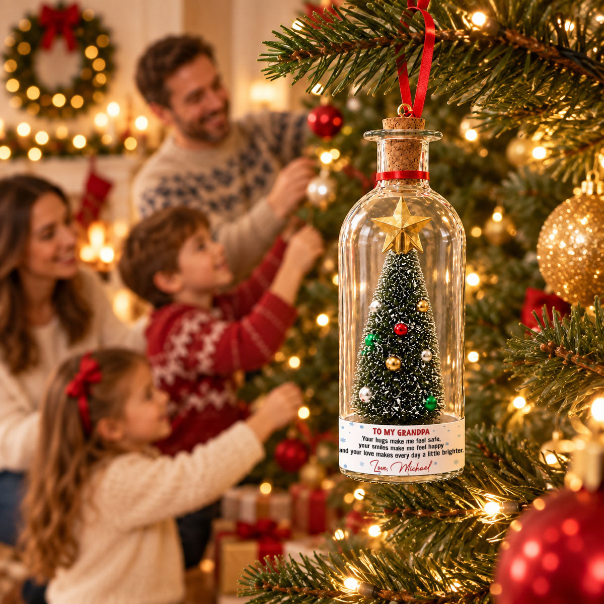 Custom Voice Recordable Message, Holiday Ornament Gift For Grandparents • Make Me Feel Safe - Personalized Christmas Tree Bottle