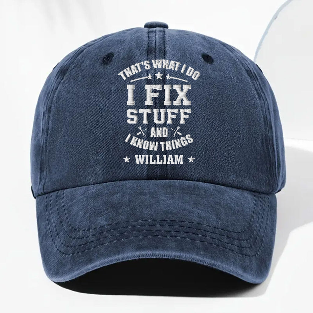 Fix Stuff And Know Things - Personalized Vintage Washed Denim Cap