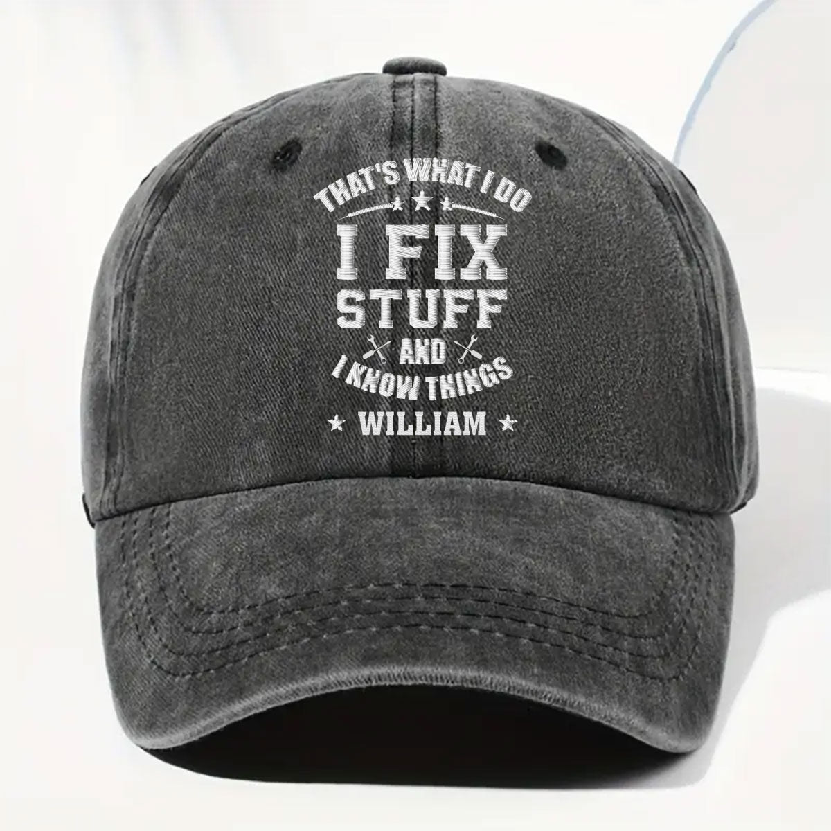 Fix Stuff And Know Things - Personalized Vintage Washed Denim Cap