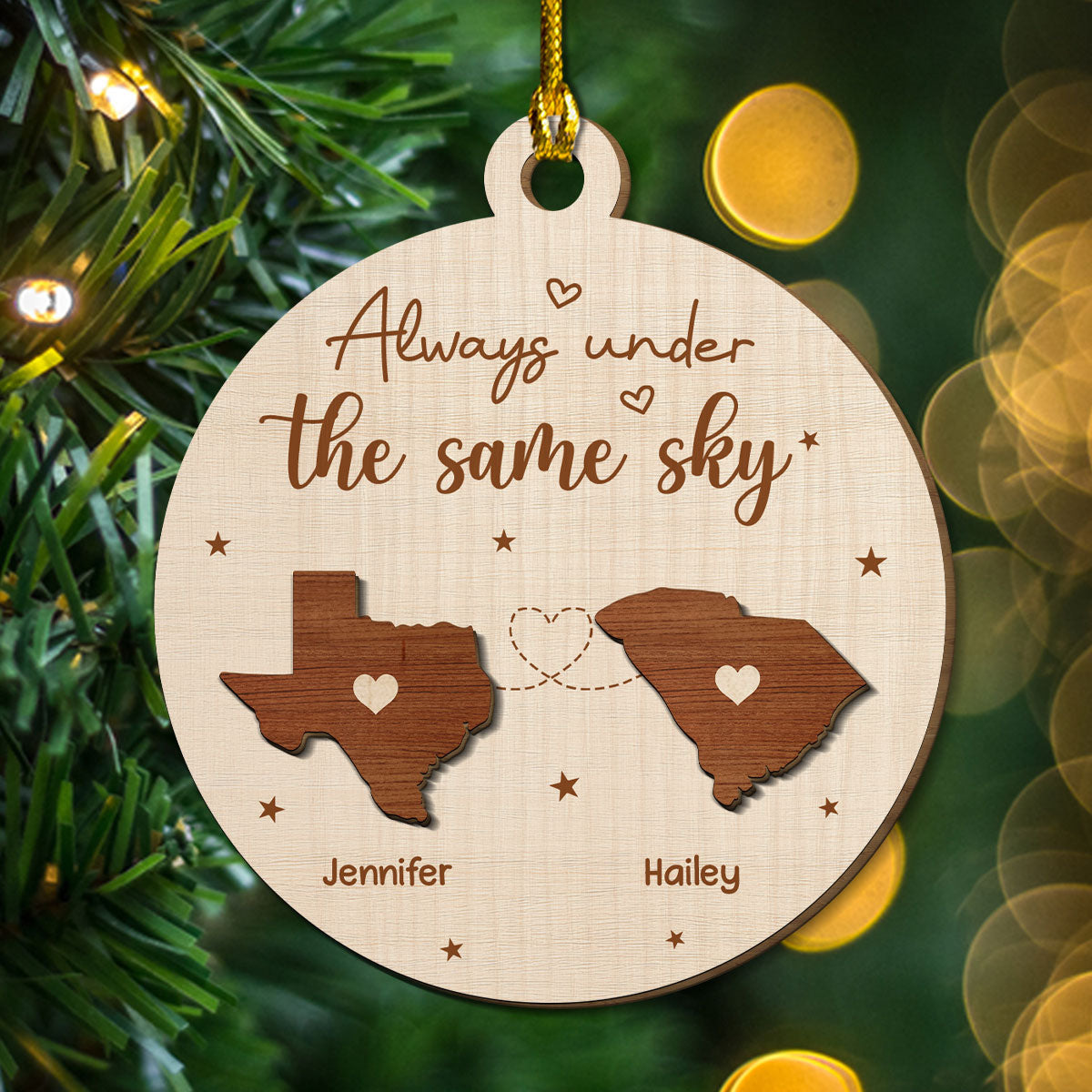 Custom Couple Christmas Ornament, Anniversary Gift •  Always Under The Same Sky - Personalized Freeshape 2-Layered Wood Ornament