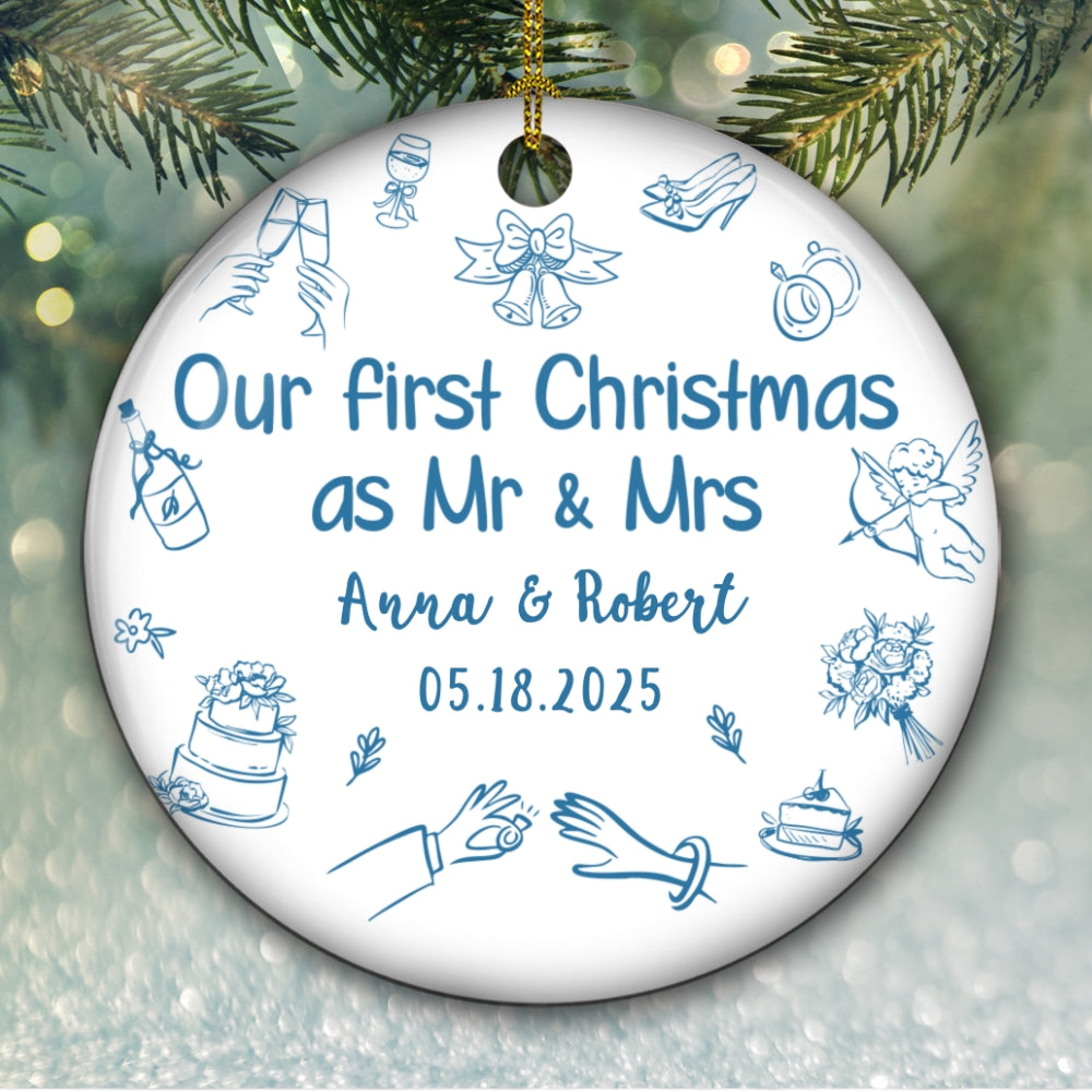 Custom First Christmas Ornament Married, Gift for Newlyweds •  Something Blue - Personalized Ceramic Ornament