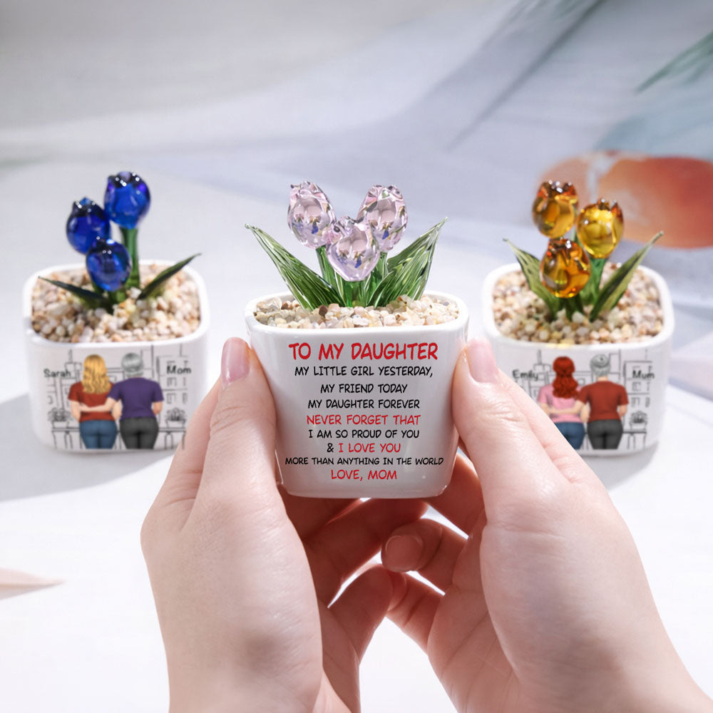 Custom Flower Keepsake, Meaningful Glass Home Decor Gift • Mom And Daughter Forever Back View - Personalized Glass Everlasting Tulips