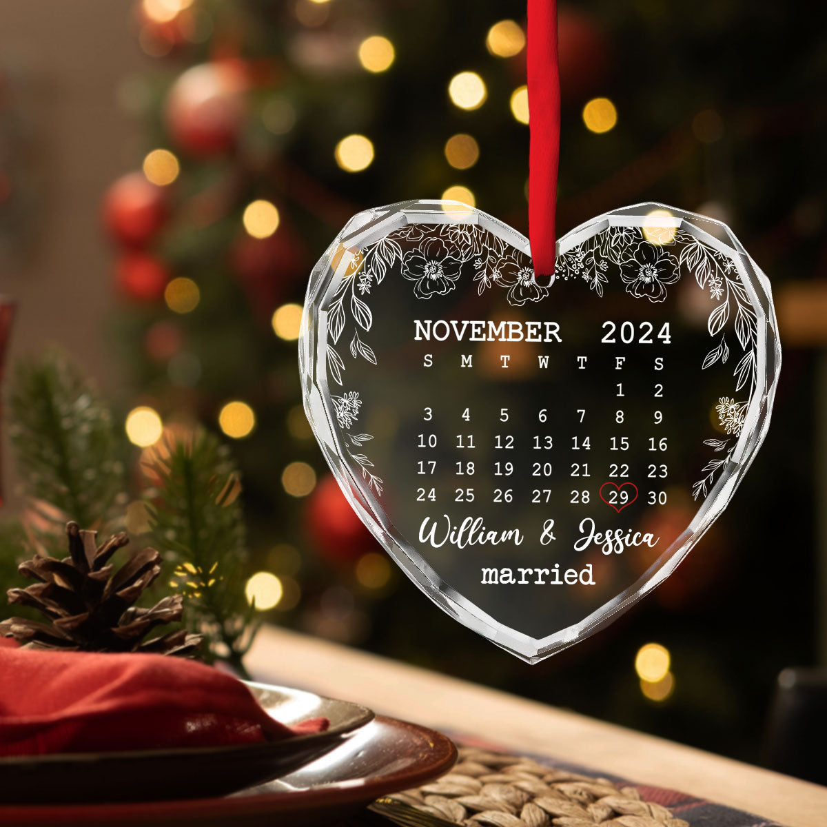 Custom Couple Christmas Ornament, Anniversary Gift •  The Day We Met - Personalized Glass Ornament