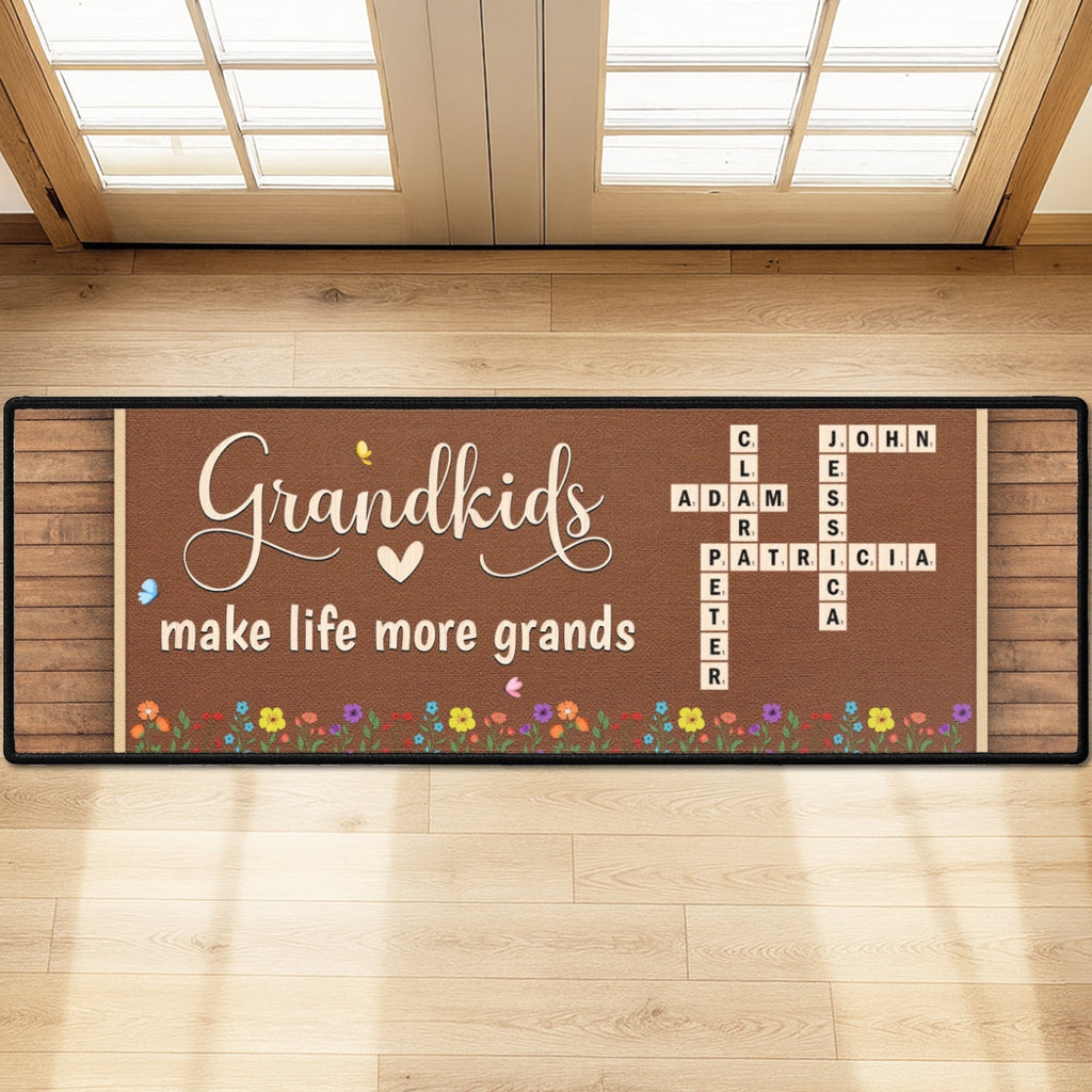 Custom Family Name Rug, Housewarming Birthday Gift For Grandma Grandparents • Love My Grandkids Crossword - Personalized Runner Rug