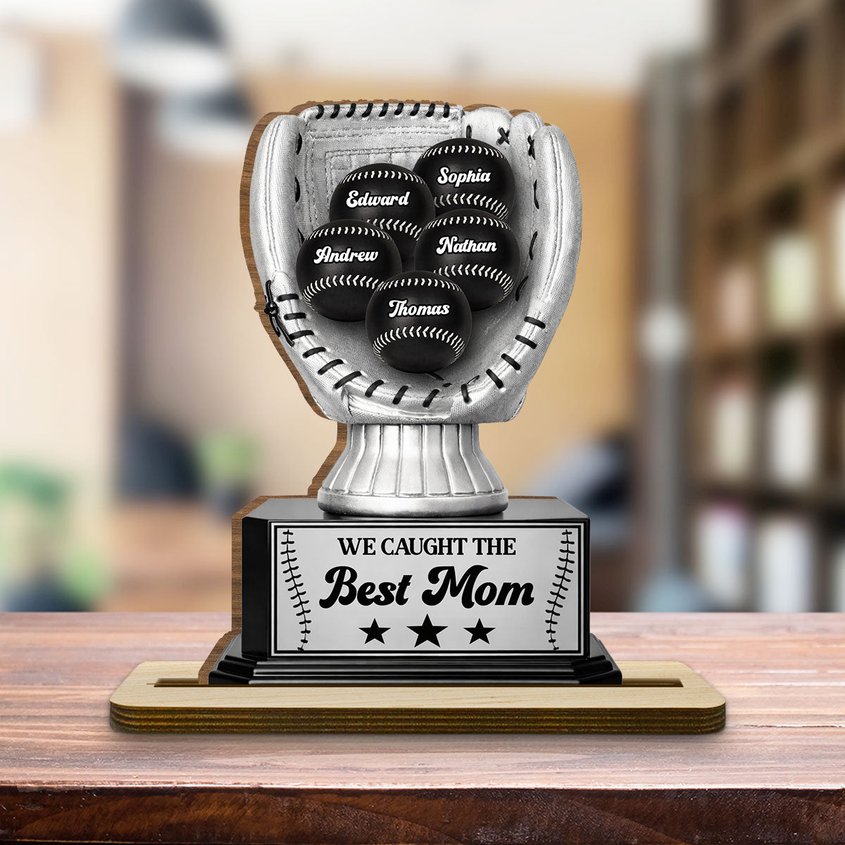 Custom Mother's Day Decor, Gift for Mom & Grandma • Perpetual Baseball Trophy - Personalized 2-Layer Wood Plaque With Flat Base