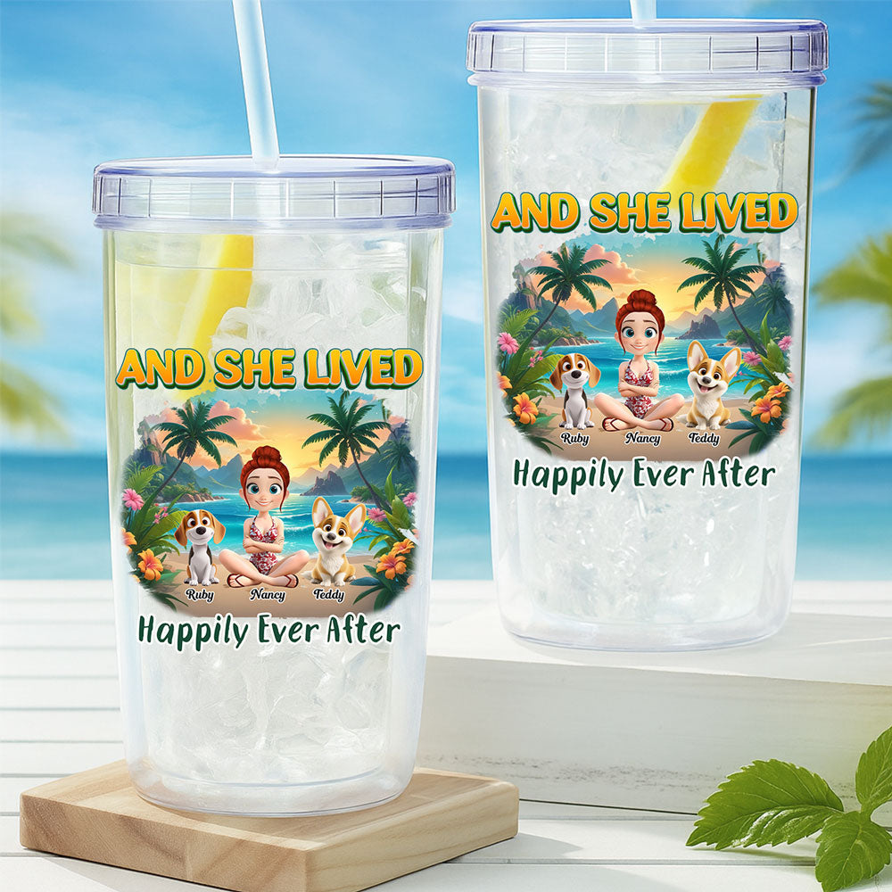 She Lived Happily With Her Dog - Personalized 14oz Plastic Tumbler