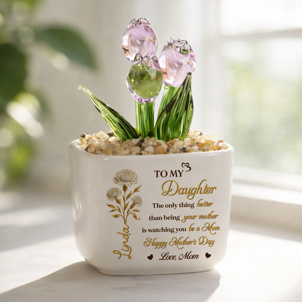 Custom Mother's Day Flower Keepsake, Glass Home Decor Gift for Daughter • Watching You Bloom - Personalized Glass Everlasting Tulips
