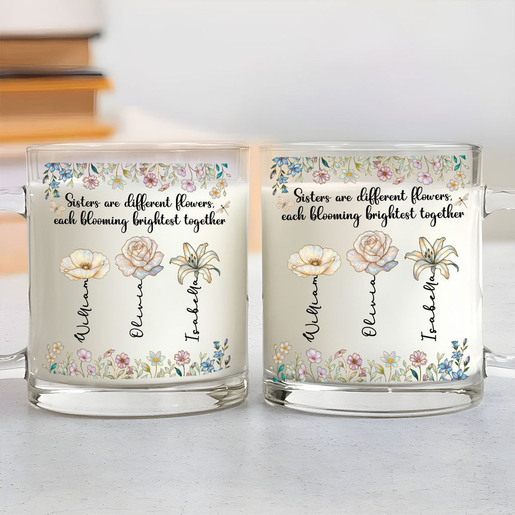 Custom Name & Birth Flower Birthday, Christmas Gift for Sister • Blooming Together - Personalized Glass Mug