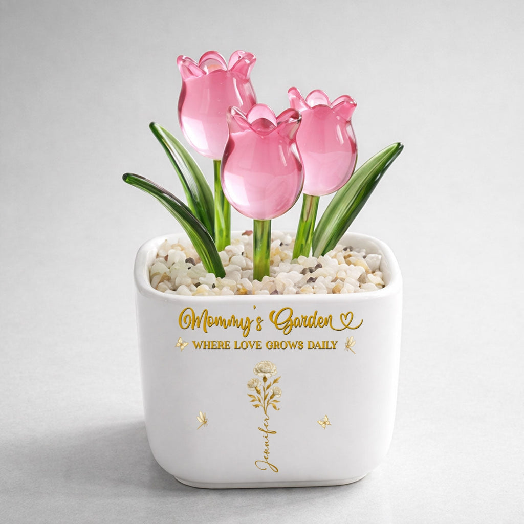 Custom Flower Keepsake, Glass Home Decor Gift for Mom • Blooming Bonds - Personalized Glass Everlasting Tulips