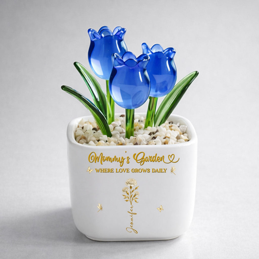 Custom Flower Keepsake, Glass Home Decor Gift for Mom • Blooming Bonds - Personalized Glass Everlasting Tulips