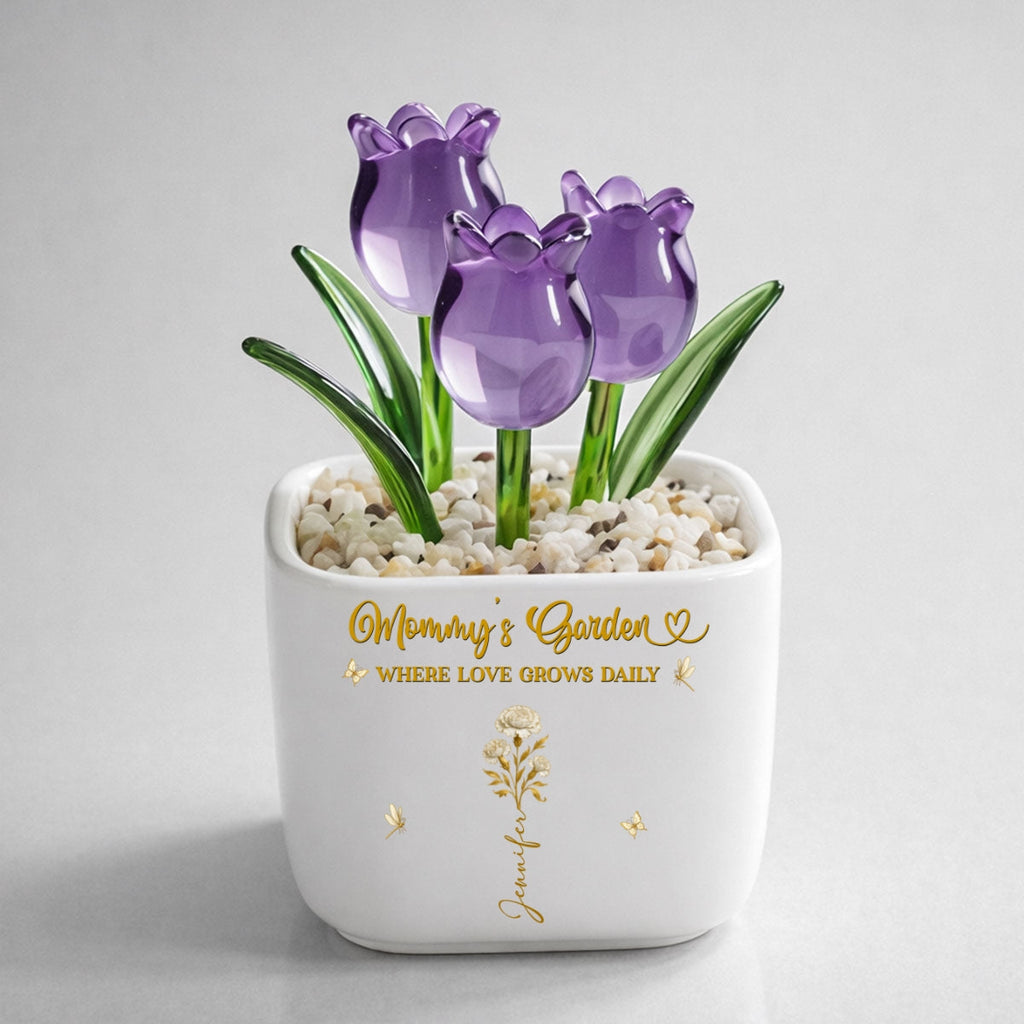Custom Flower Keepsake, Glass Home Decor Gift for Mom • Blooming Bonds - Personalized Glass Everlasting Tulips