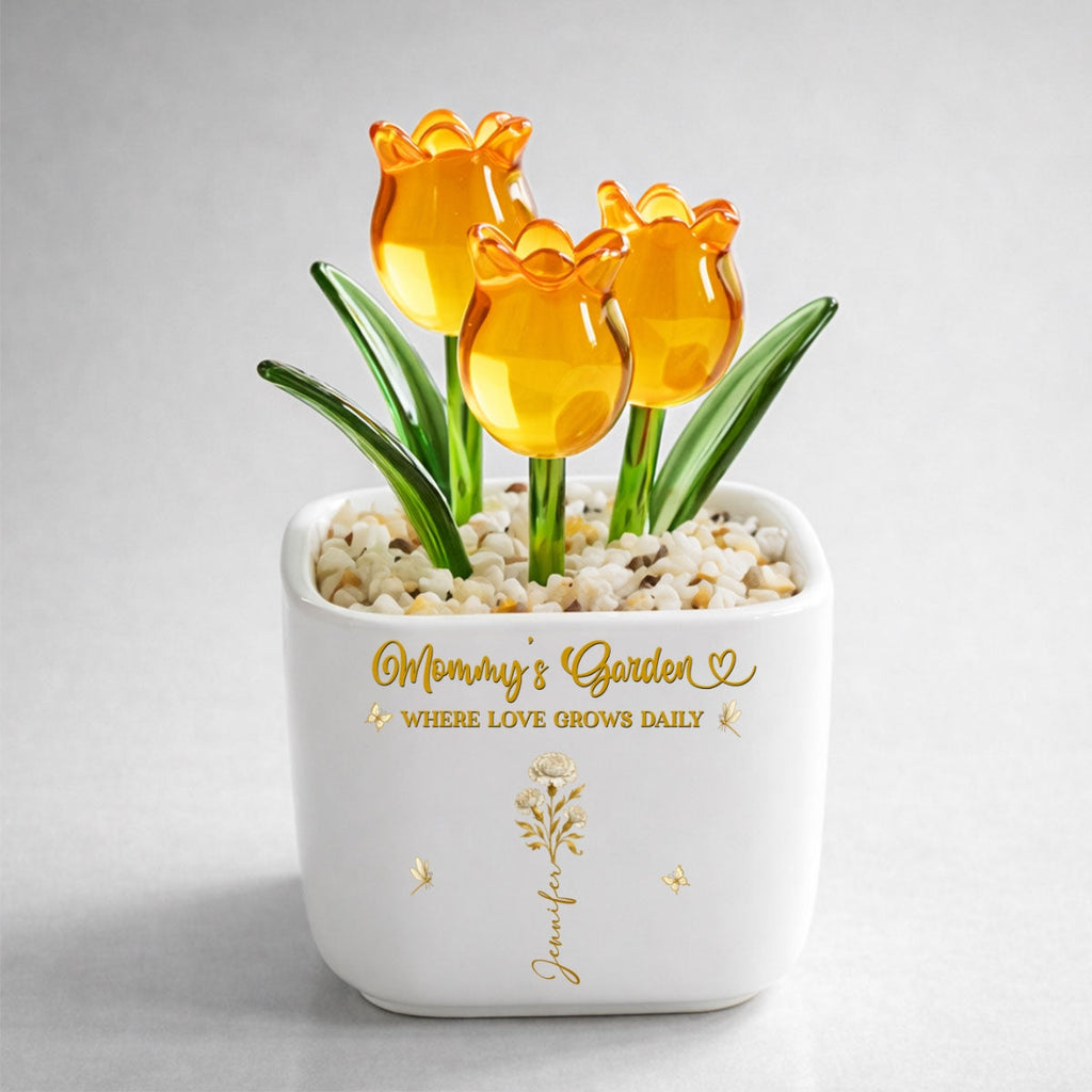 Custom Flower Keepsake, Glass Home Decor Gift for Mom • Blooming Bonds - Personalized Glass Everlasting Tulips