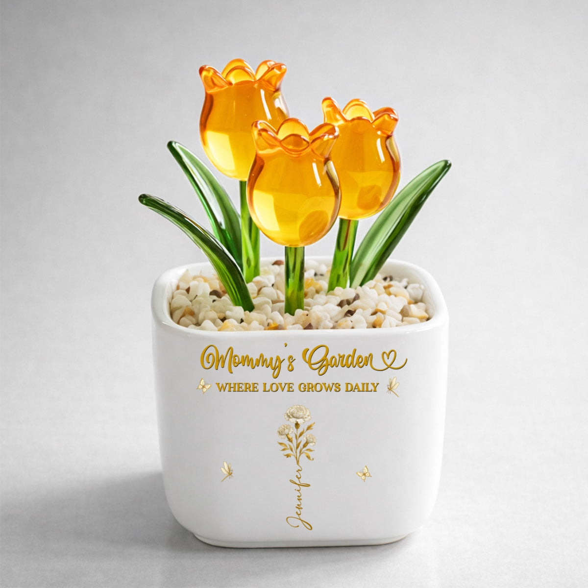 Custom Flower Keepsake, Glass Home Decor Gift for Mom • Blooming Bonds - Personalized Glass Everlasting Tulips