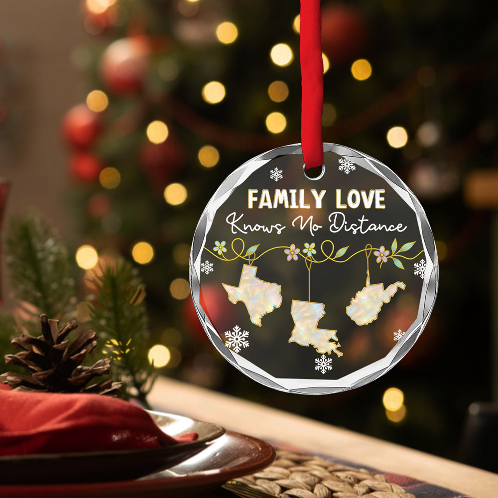 Custom Family Christmas Ornament for Long Distance Families •  Family Love Knows No Distance Mother Of Pearl - Personalized Glass Ornament