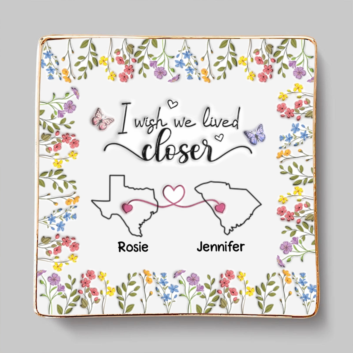 Custom Bestie Trinket Dish, Birthday Christmas Gift For Best Friend • I Wish We Lived Closer Floral Version - Personalized Jewelry Dish
