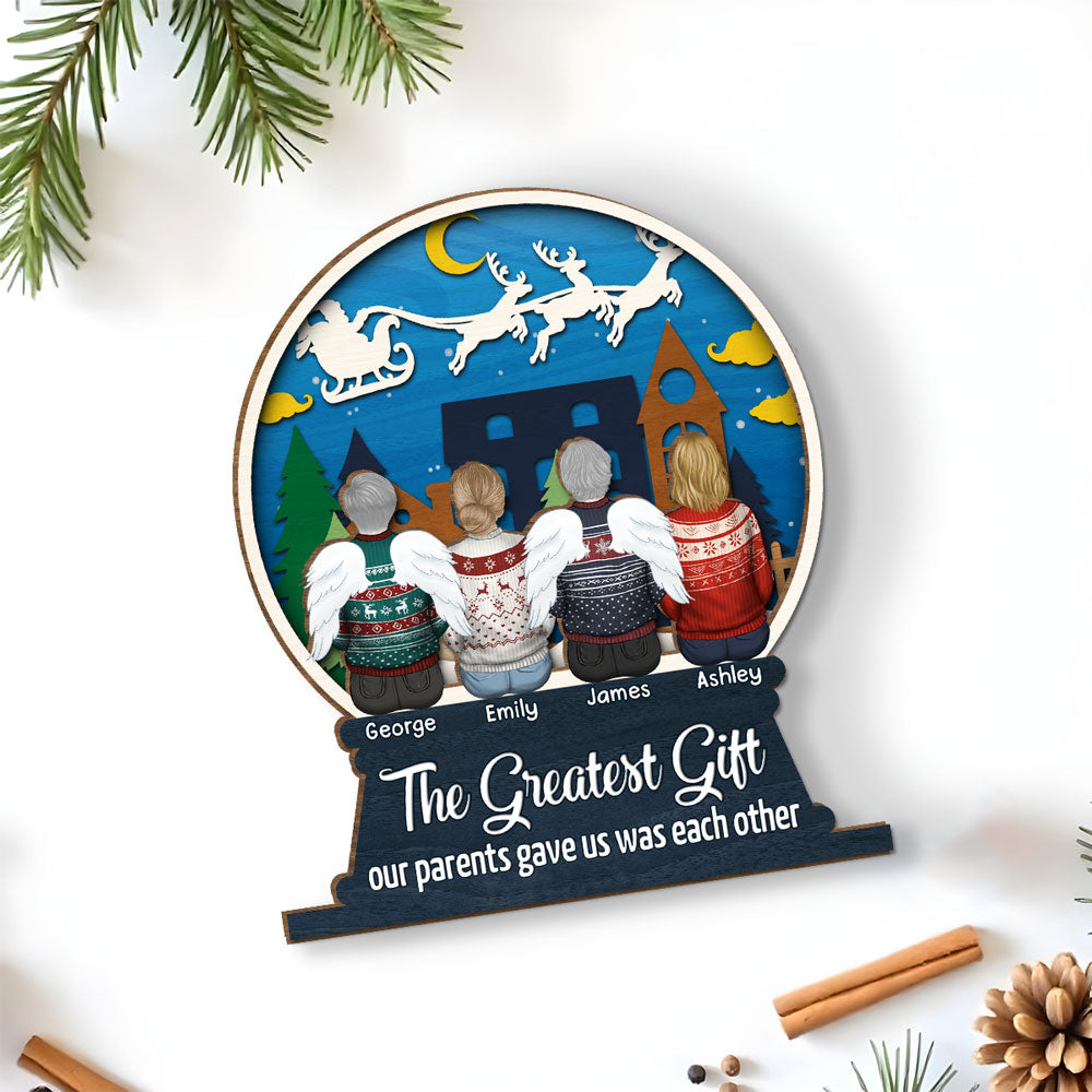 Custom Family Decor, Christmas Birthday Family Keepsake • Sibling Snowglobe - Personalized 2-Layer Wood Plaque With Flat Base