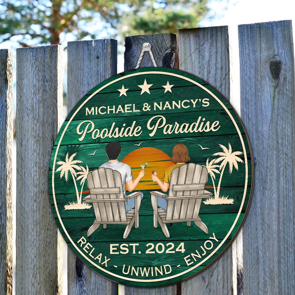 Custom Couple Campground Sign, Campsite Outdoor Wall Decor • Poolside Paradise - Personalized Wood Sign