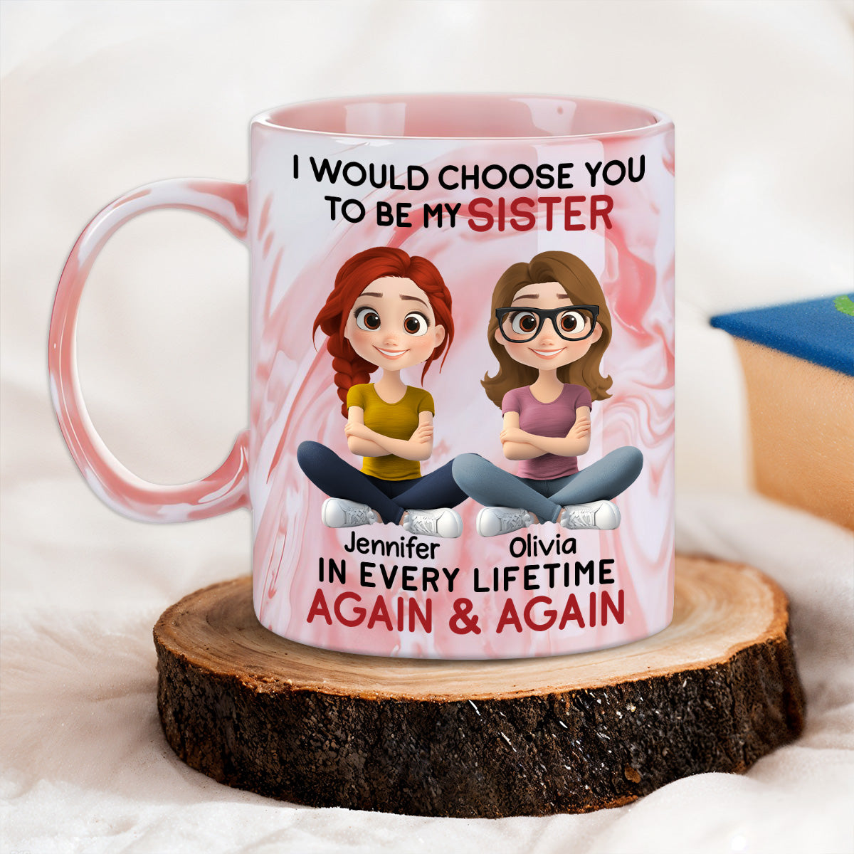Custom Christmas & Birthday Gift For Sister • Choose You - Personalized Pink Marble Mug