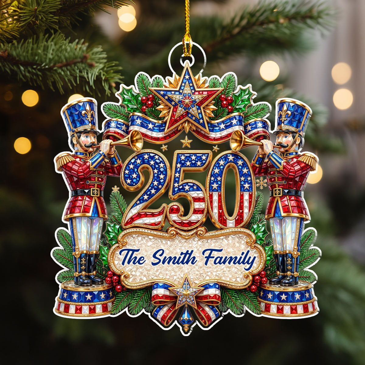 Custom Patriotic Christmas Ornament for Family, 250th Anniversary • Our Christmas Celebration - Personalized 3D Effect Acrylic Ornament